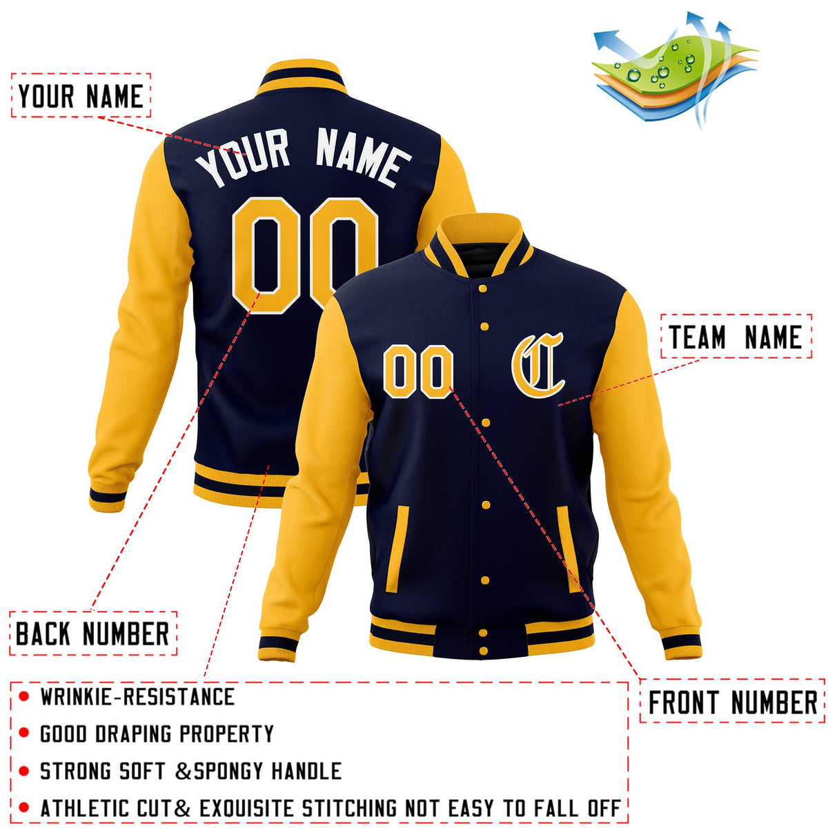 Custom Navy Gold Letterman Jackets Personalized Full-Snap with Contrast Sleeves