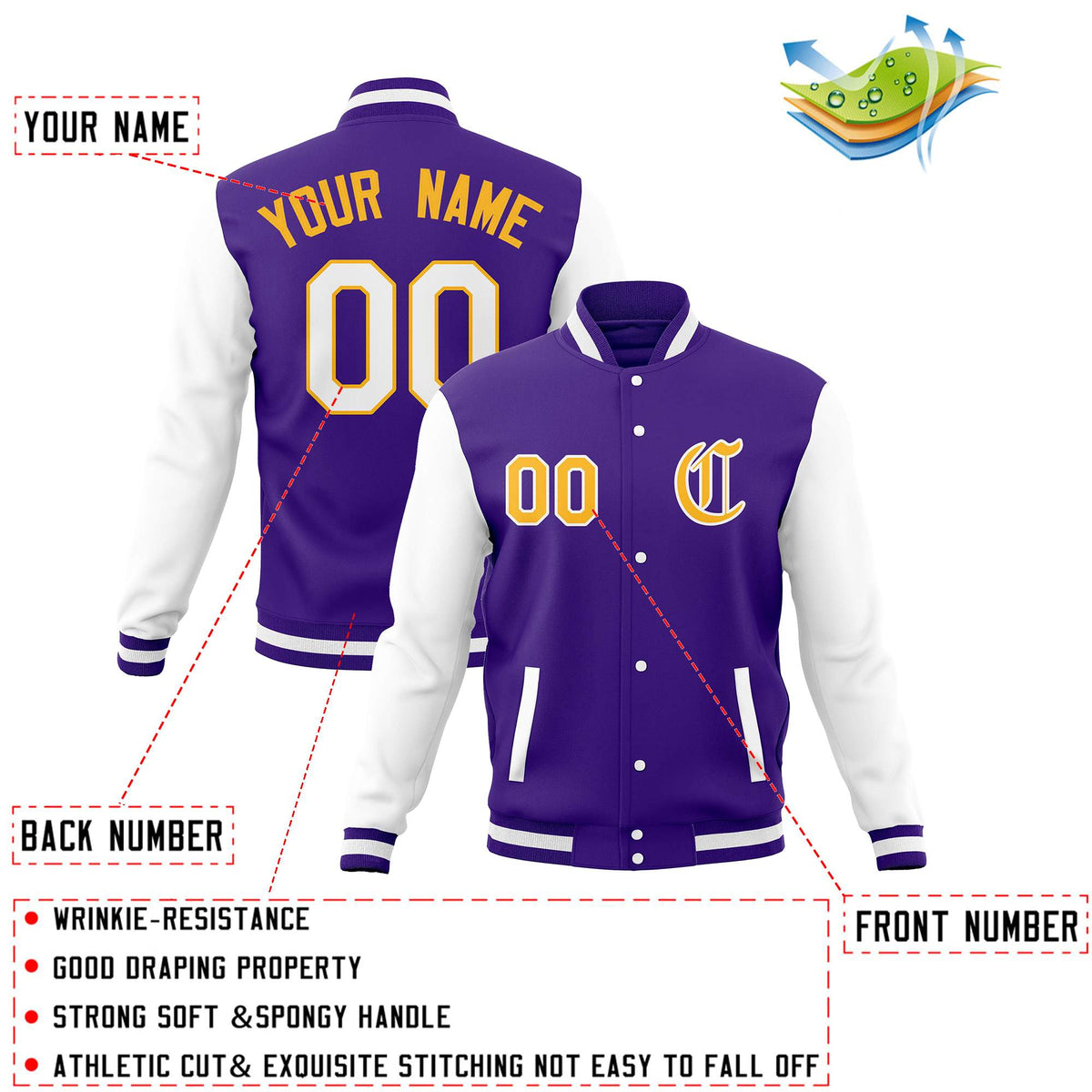 Custom Purple White Letterman Jackets Personalized Full-Snap Stitched Coats for Men Women