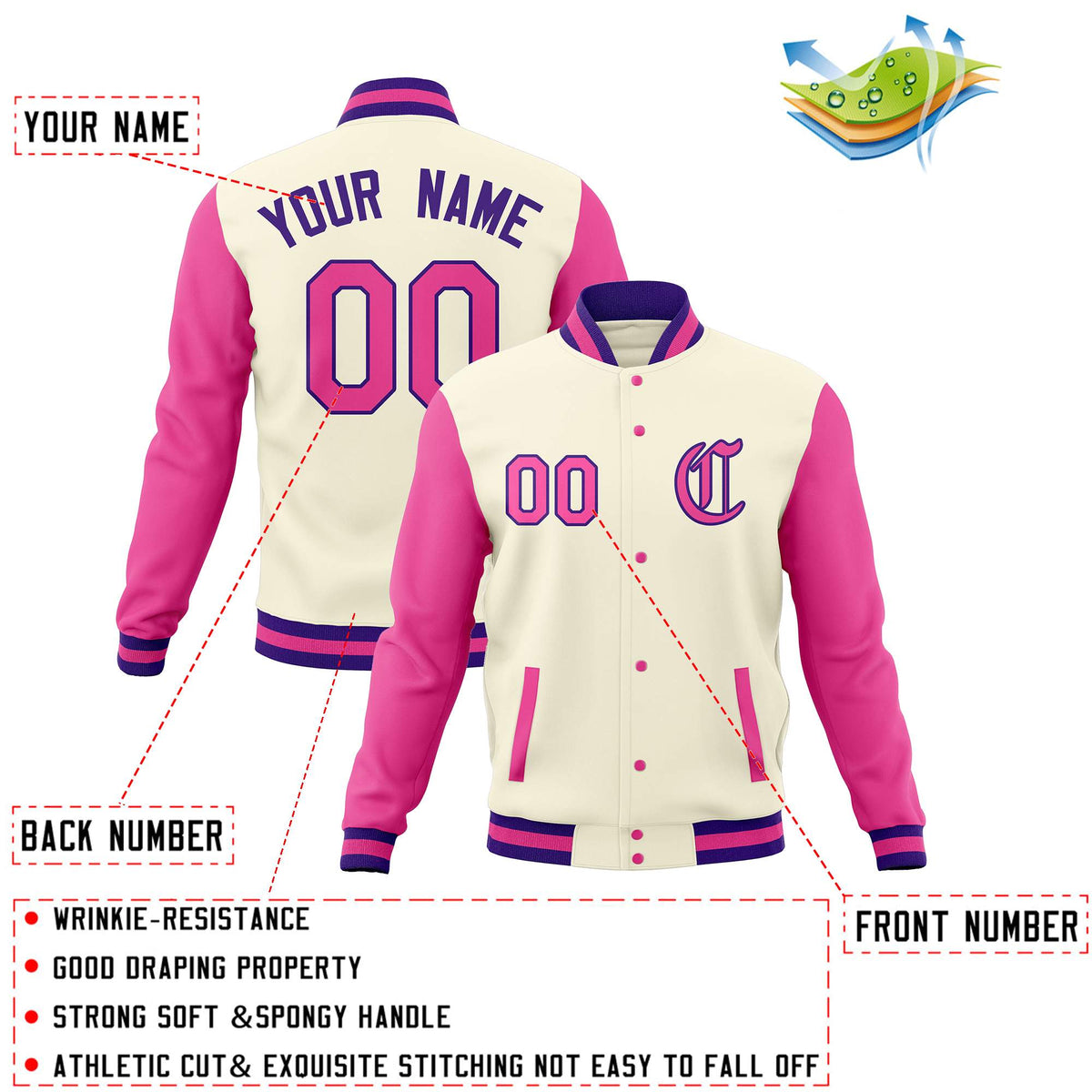Custom Cream Pink Letterman Jackets Personalized Full-Snap Stitched Coats for Men Women