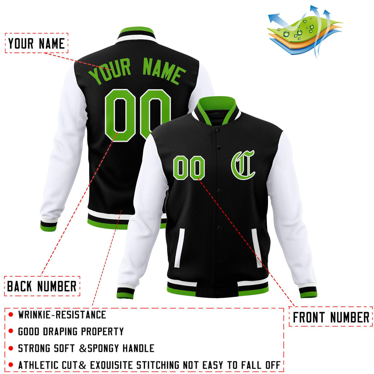 Custom Black White Letterman Jackets Personalized Full-Snap with Contrast Sleeves