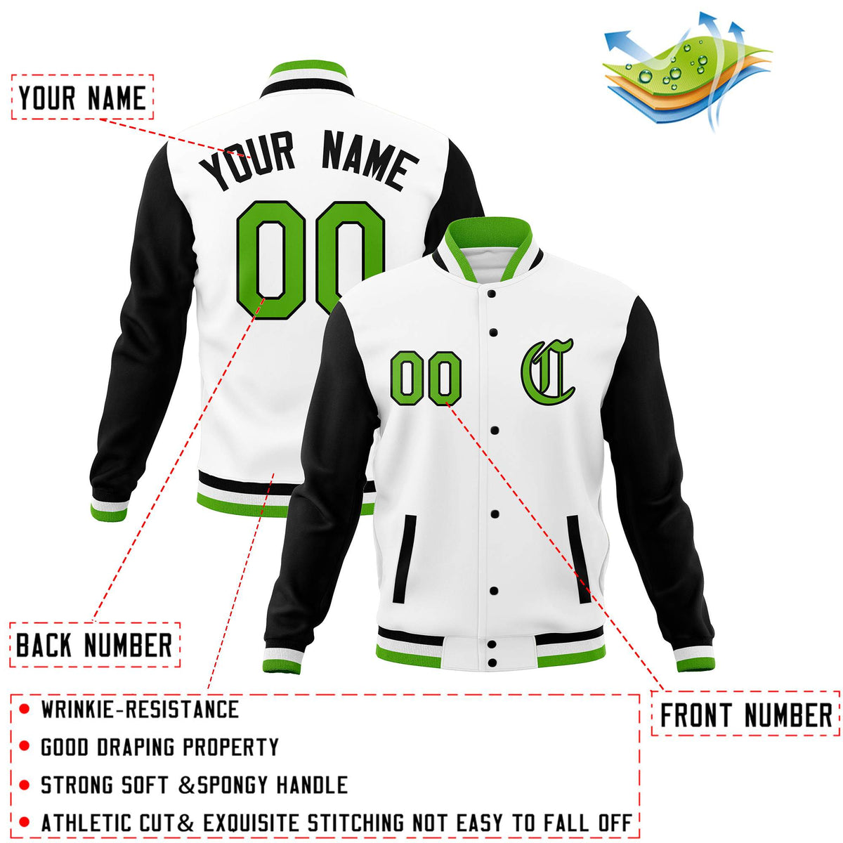 Custom White Black Letterman Jackets Personalized Full-Snap with Contrast Sleeves