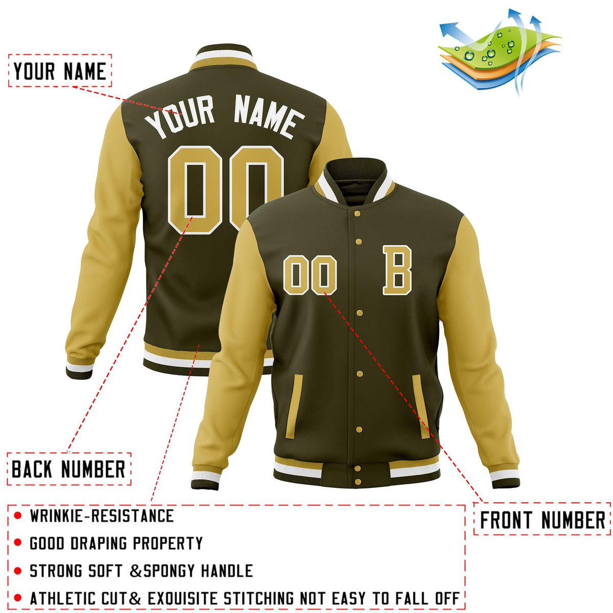 Custom Olive Old Gold Full-Snap Baseball Varsity Bomber Jackets with Personalized Coats