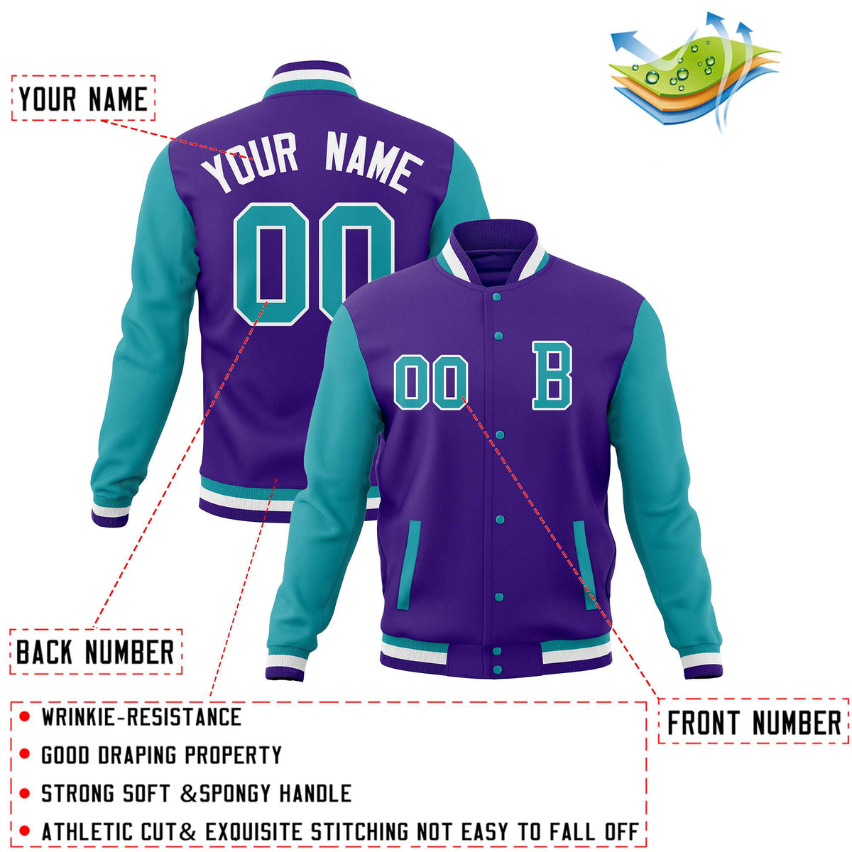 Custom Purple Aqua Personalized Stitched Varsity Letterman Jacket and Full-Snap Baseball Coats
