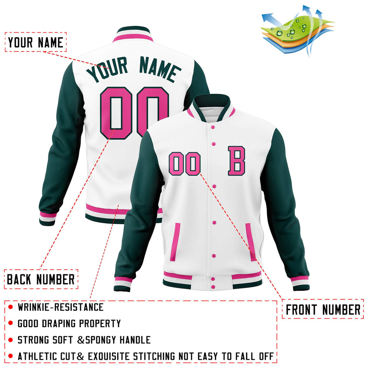 Custom White Midnight Green Full-Snap Baseball Coats with Personalized Stitched Varsity Letterman Jacket
