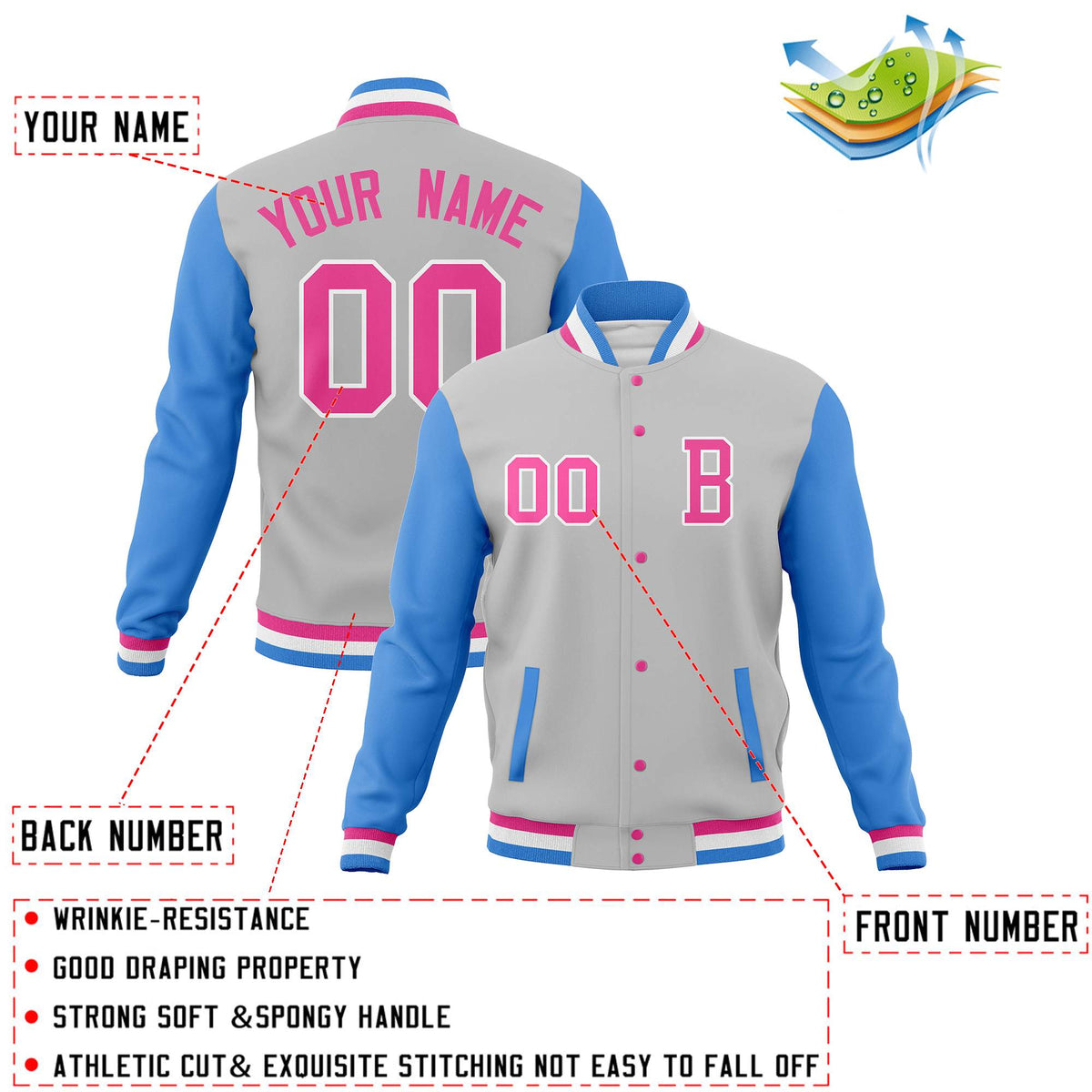 Custom Gray Powder Blue Full-Snap Baseball Varsity Bomber Jackets with Personalized Coats