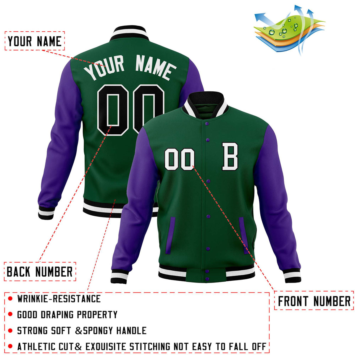 Custom Green Purple Varsity Letterman Jacket Personalized Full-Snap Stitched Baseball Coats