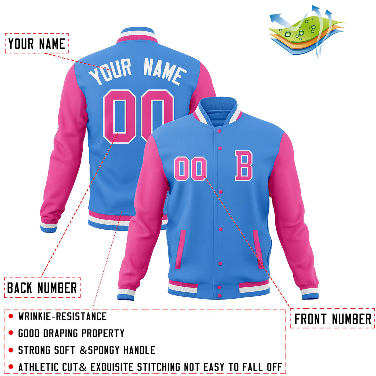 Custom Powder Blue Pink Varsity Letterman Jacket Personalized Full-Snap Stitched Baseball Coats