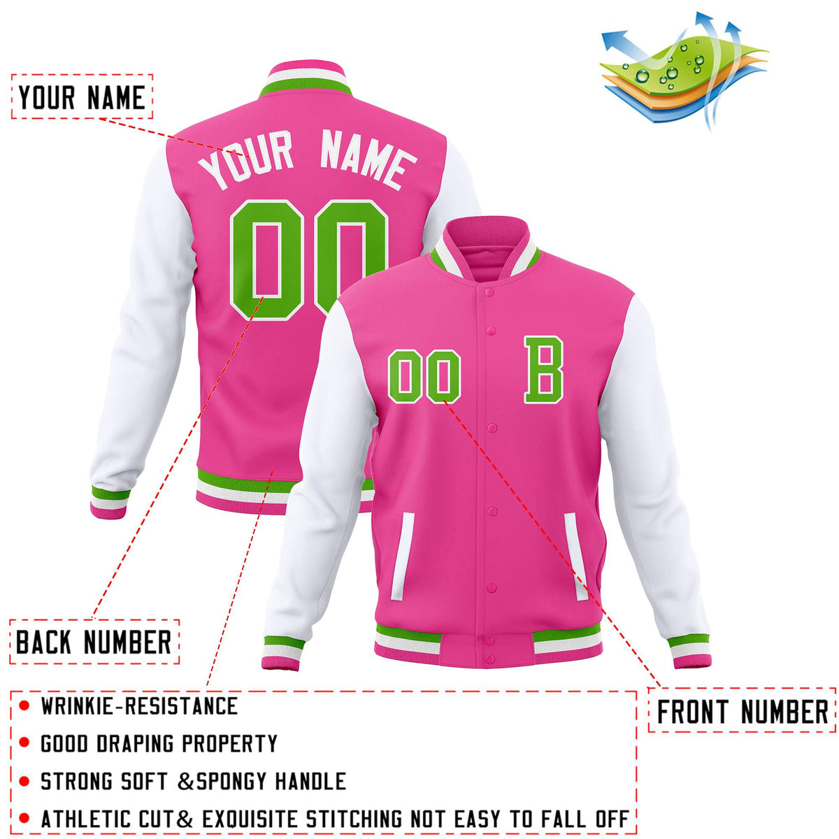 Custom Pink White Full-Snap Baseball Coats with Personalized Stitched Varsity Letterman Jacket
