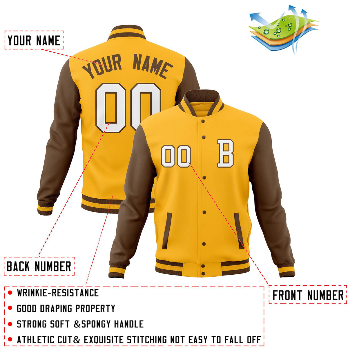 Custom Gold Brown Varsity Letterman Jacket Personalized Full-Snap Stitched Baseball Coats