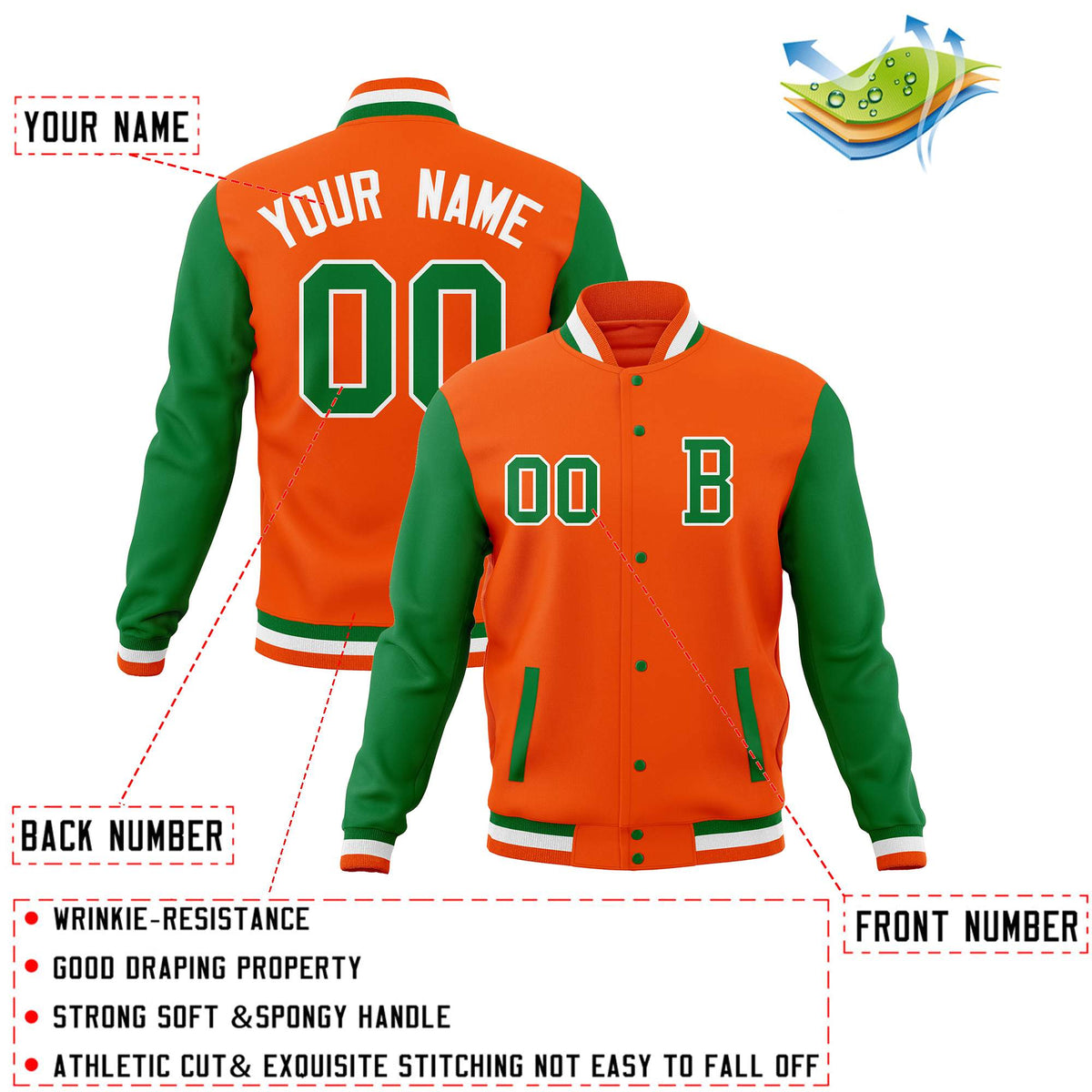 Custom Orange Kelly Green Full-Snap Baseball Coats with Personalized Stitched Varsity Letterman Jacket