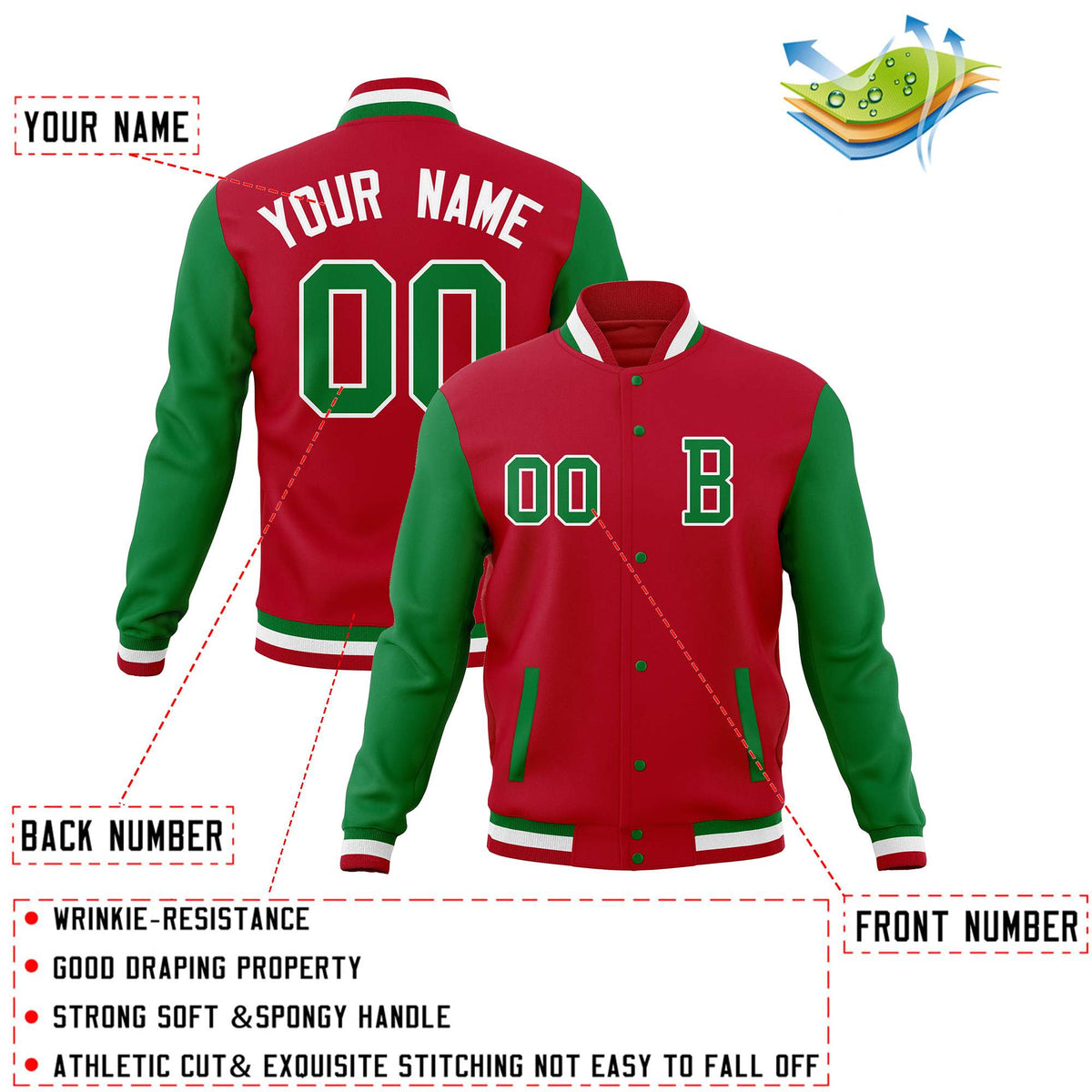 Custom Red Kelly Green Full-Snap Letterman Jackets Coats and Personalized Stitched Varsity