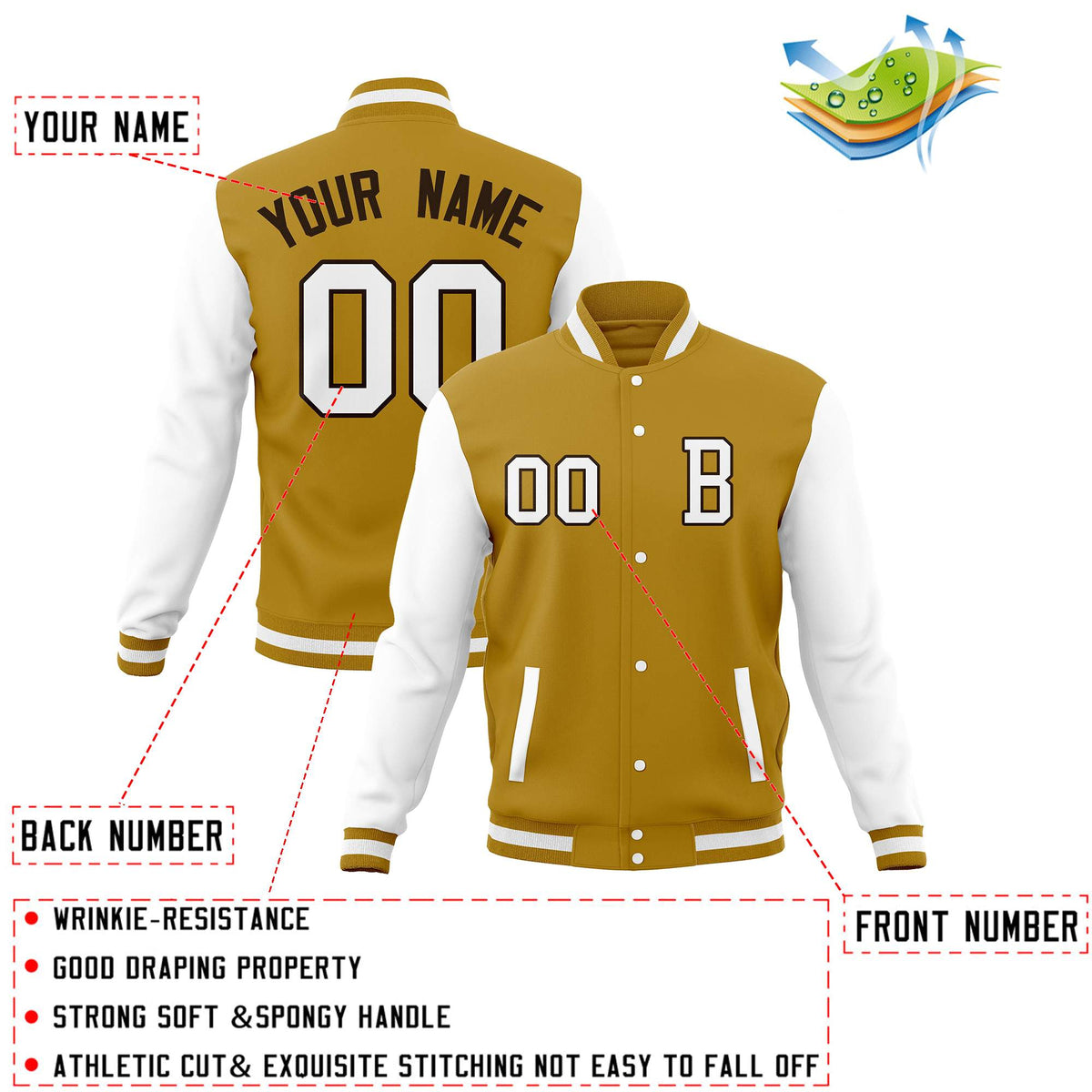Custom Old Gold White Letterman Jacket Personalized Full-Snap Stitched Name Number