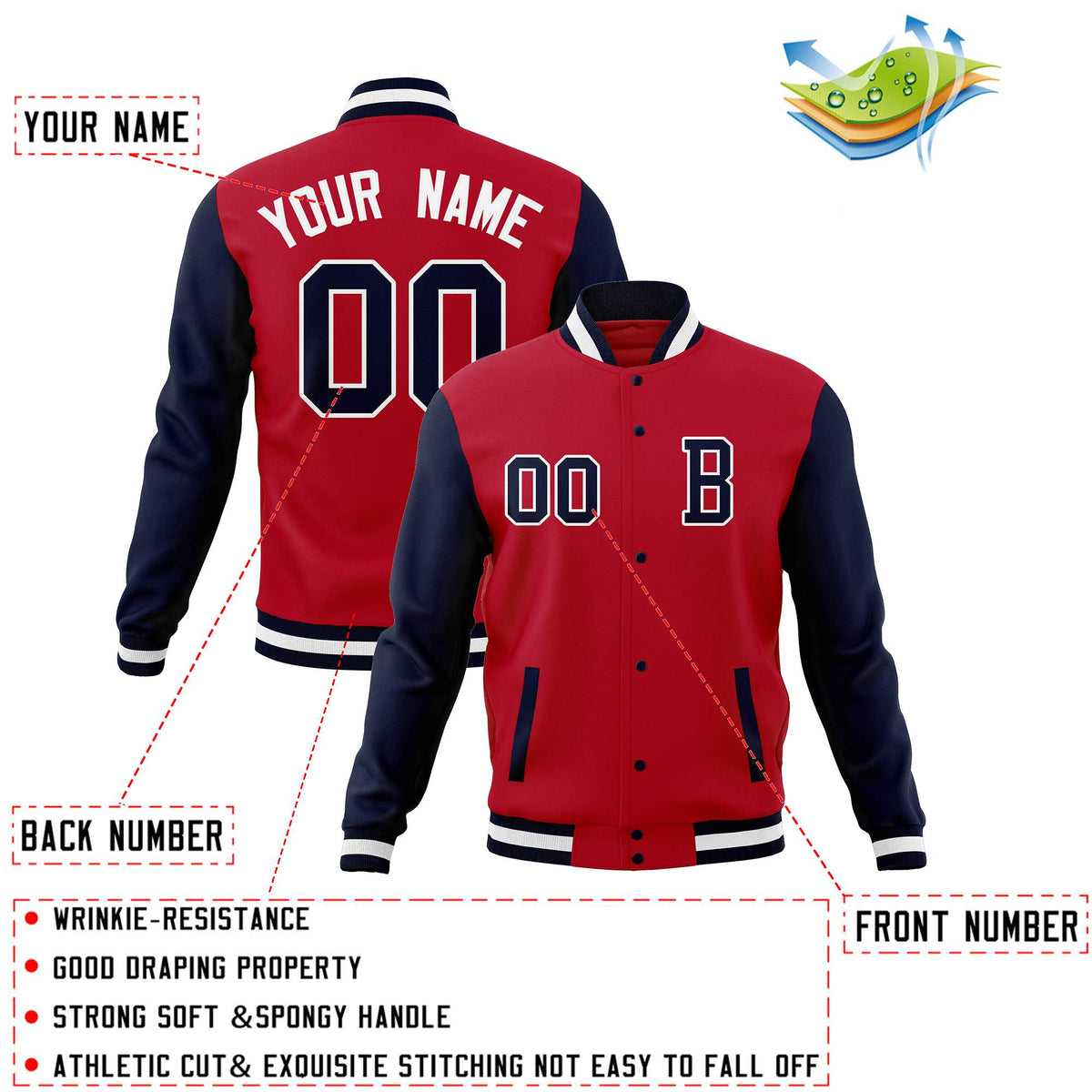 Custom Red Navy Full-Snap Baseball Coats Crafted Varsity Letterman Jackets