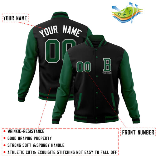 Custom Black Green Full-Snap Baseball Coats with Personalized Stitched Varsity Letterman Jacket