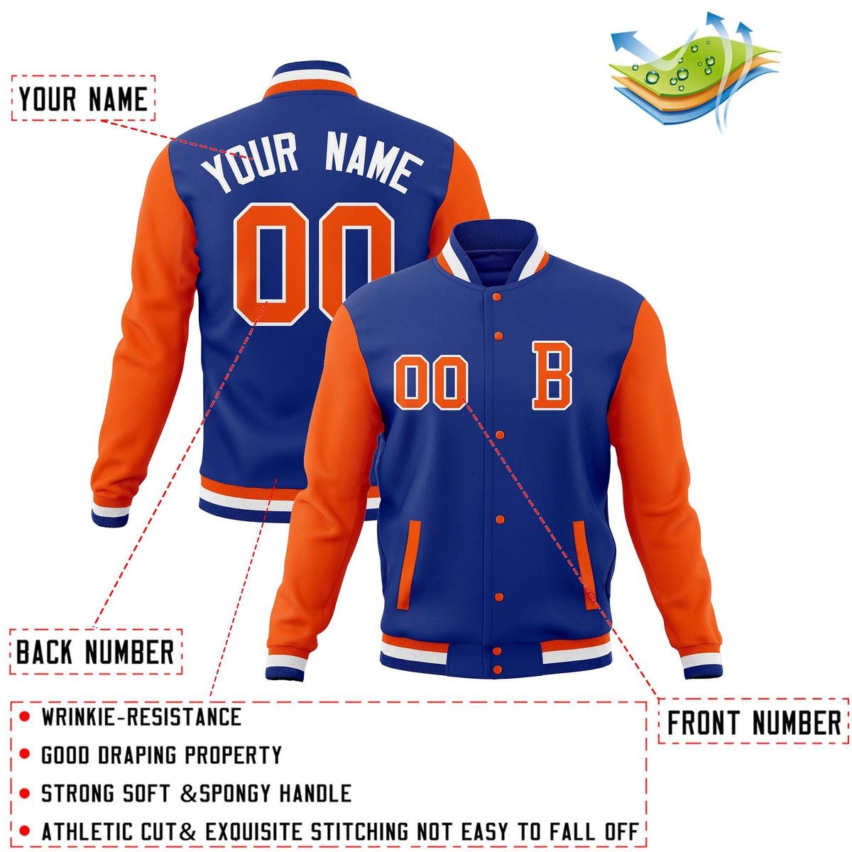 Custom Royal Orange Full-Snap Baseball Coats with Personalized Stitched Varsity Letterman Jacket