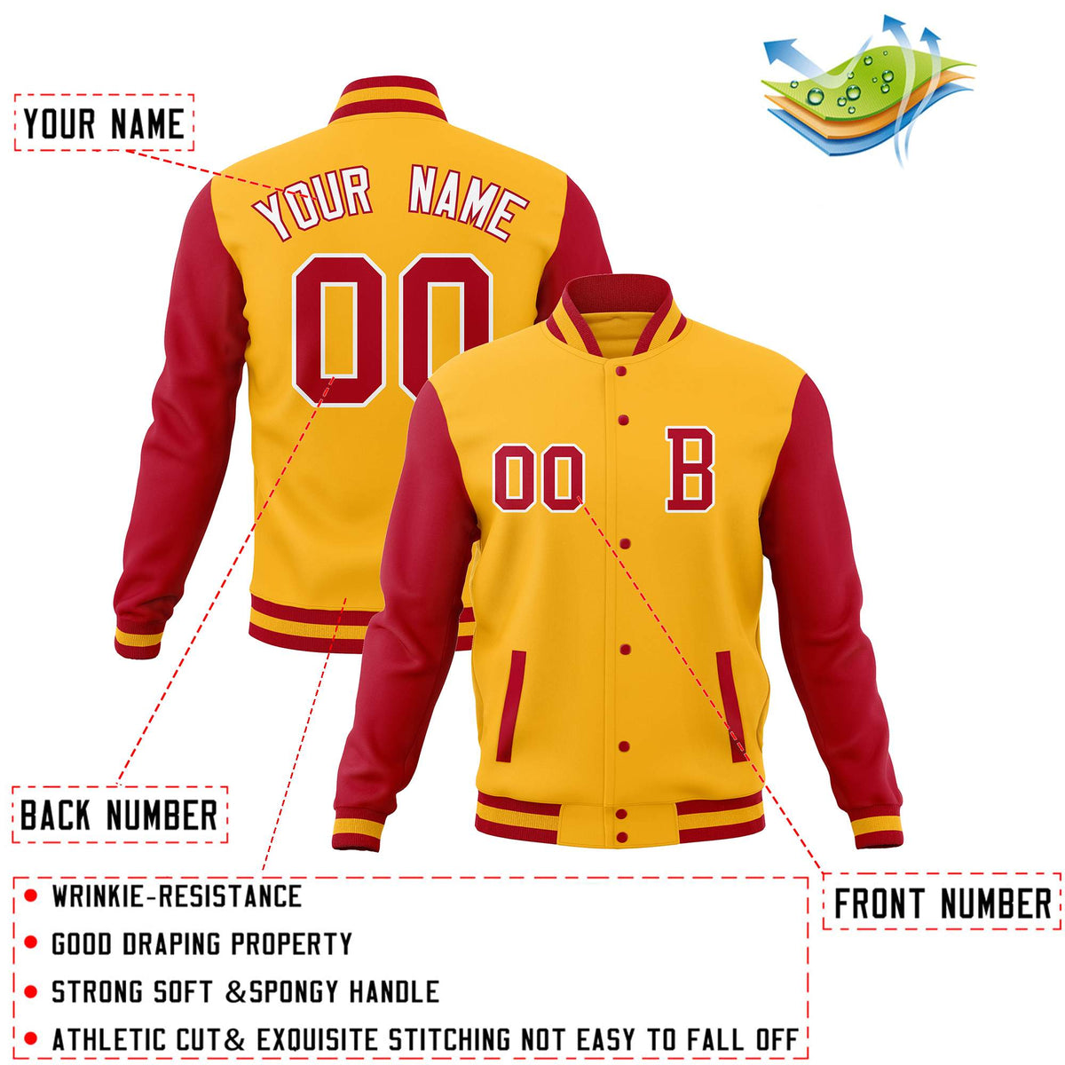 Custom Gold Red Full-Snap Baseball Coats with Personalized Stitched Varsity Letterman Jacket