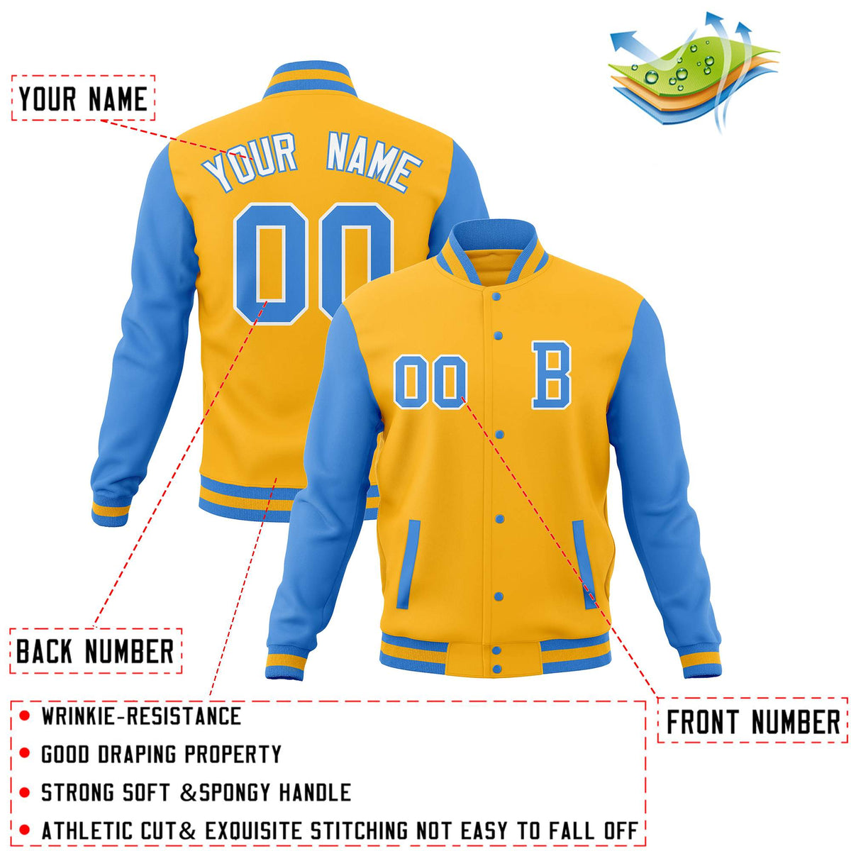 Custom Yellow Powder Blue Varsity Letterman Jacket Personalized Full-Snap Stitched Baseball Coats