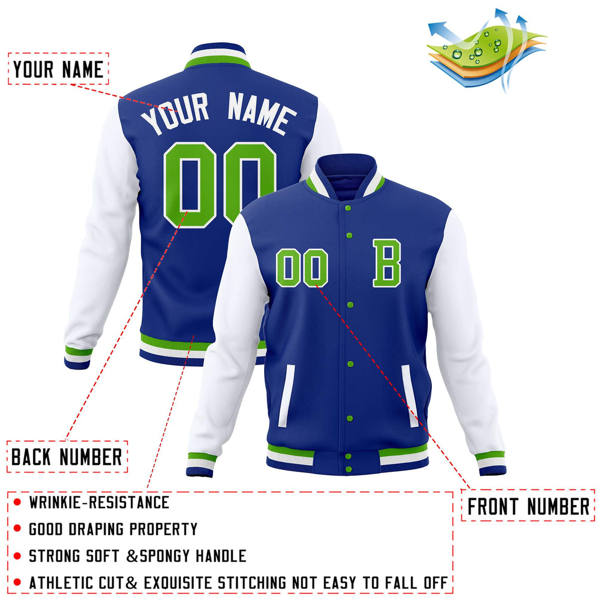 Custom Royal White Varsity Letterman Jacket Personalized Full-Snap Stitched Baseball Coats