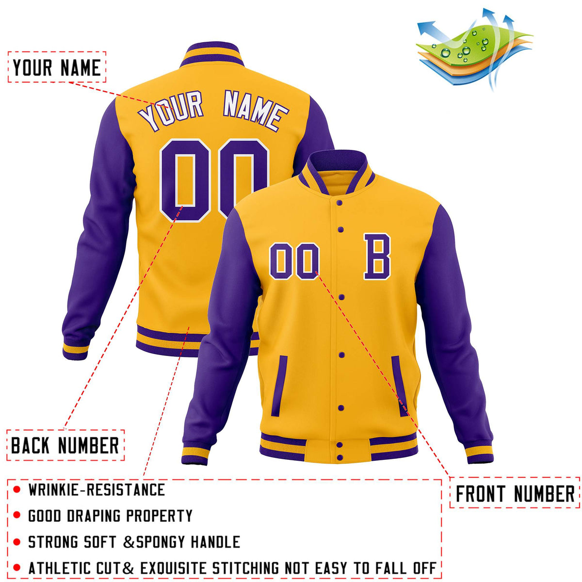 Custom Gold Purple Full-Snap Letterman Jackets Coats and Personalized Stitched Varsity