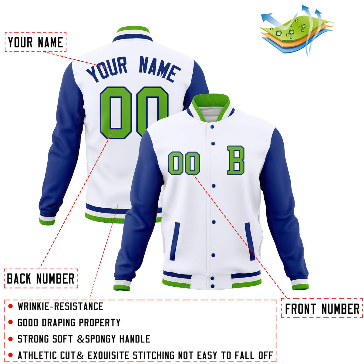 Custom White Royal Varsity Letterman Jacket Personalized Full-Snap Stitched Baseball Coats