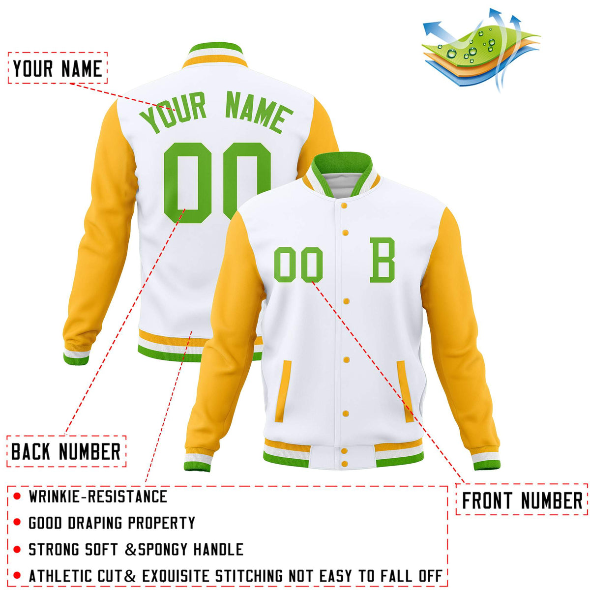 Custom White Gold Full-Snap Letterman Jackets Coats and Personalized Stitched Varsity