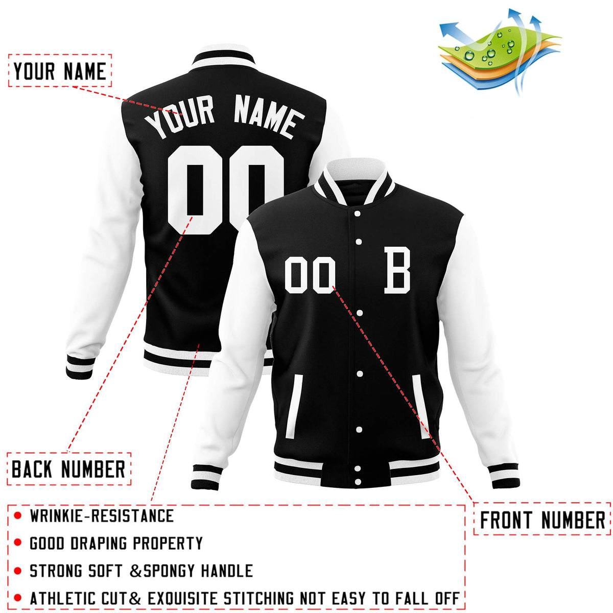 Custom Black White Full-Snap Letterman Jackets Coats and Personalized Stitched Varsity