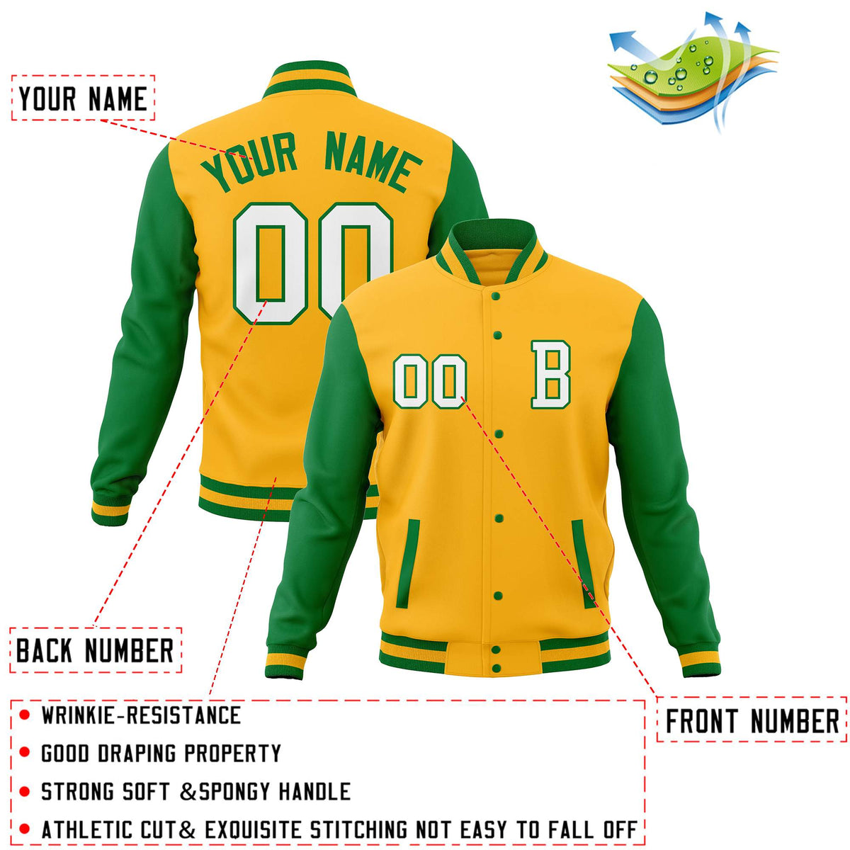 Custom Gold Kelly Green Full-Snap Baseball Varsity Bomber Jackets with Personalized Coats