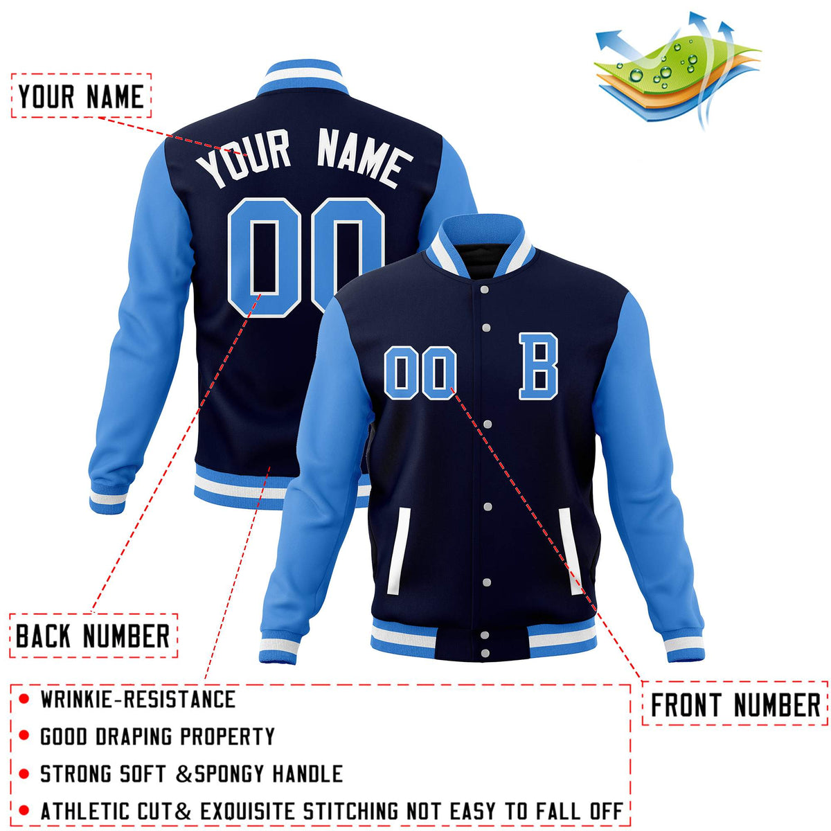 Custom Navy Powder Blue Letterman Jacket Personalized Full-Snap Stitched Name Number