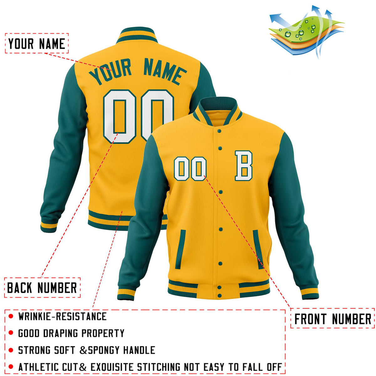 Custom Gold Midnight Green Full-Snap Baseball Coats Crafted Varsity Letterman Jackets