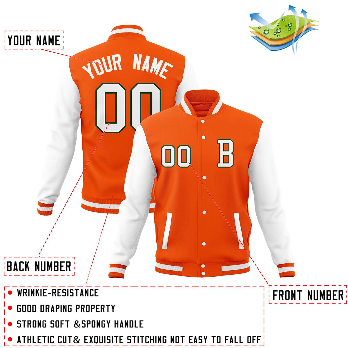 Custom Orange White Full-Snap Baseball Coats Crafted Varsity Letterman Jackets