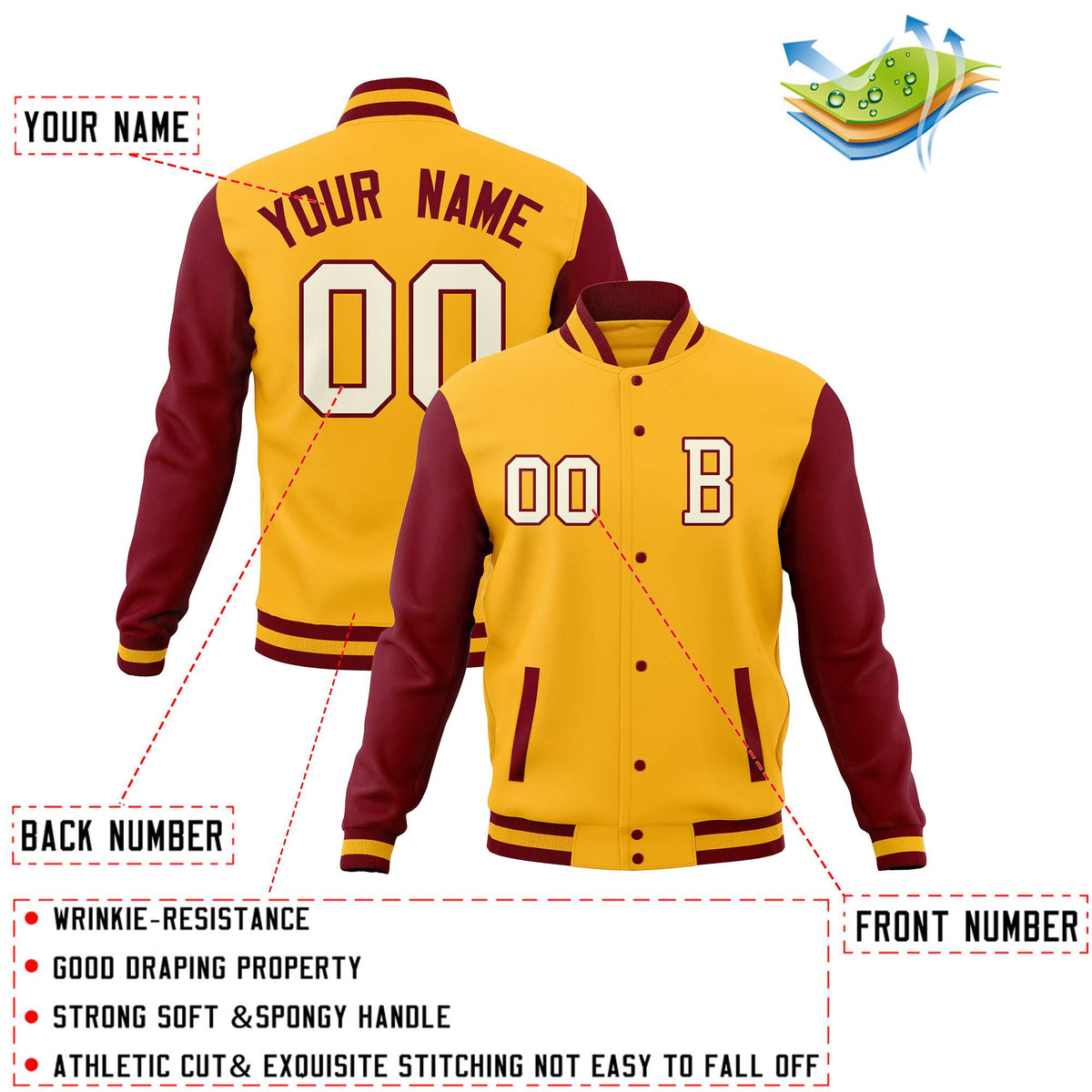 Custom Gold Crimson Full-Snap Baseball Coats Crafted Varsity Letterman Jackets