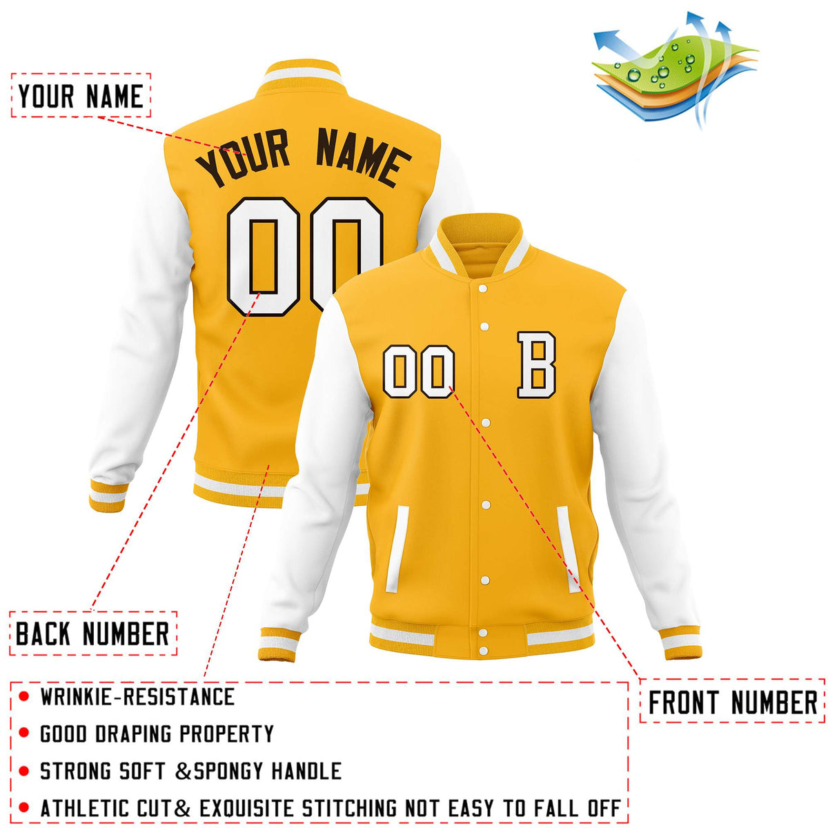 Custom Gold White Full-Snap Baseball Varsity Bomber Jackets with Personalized Coats