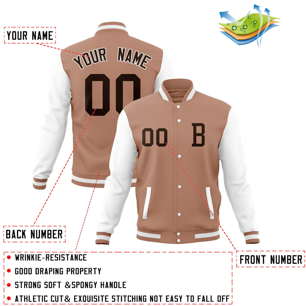 Custom Brown White Full-Snap Baseball Coats with Personalized Stitched Varsity Letterman Jacket