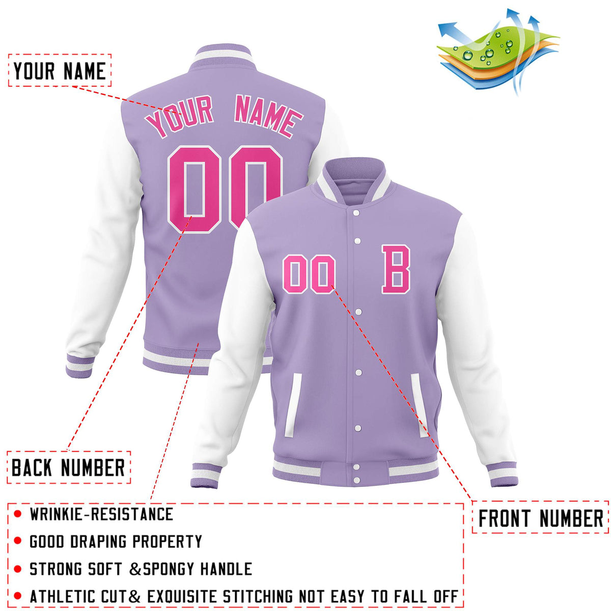 Custom Light Purple White Full-Snap Letterman Jackets Coats and Personalized Stitched Varsity