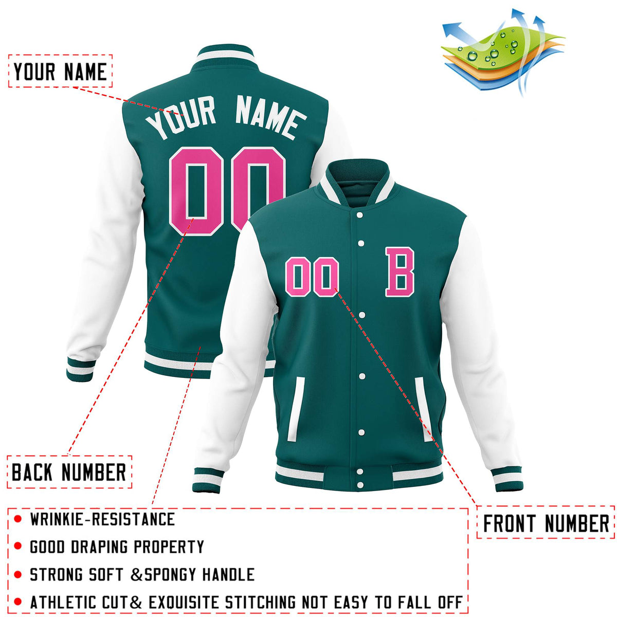 Custom Midnight Green White Full-Snap Baseball Varsity Bomber Jackets with Personalized Coats
