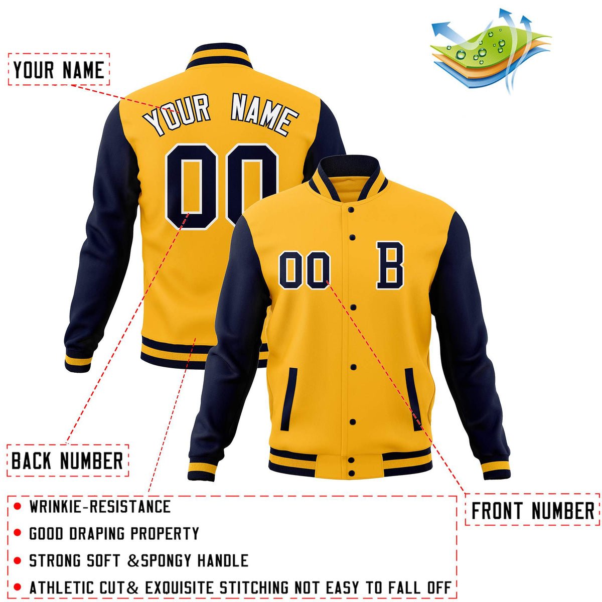 Custom Gold Black Personalized Stitched Varsity Letterman Jacket and Full-Snap Baseball Coats