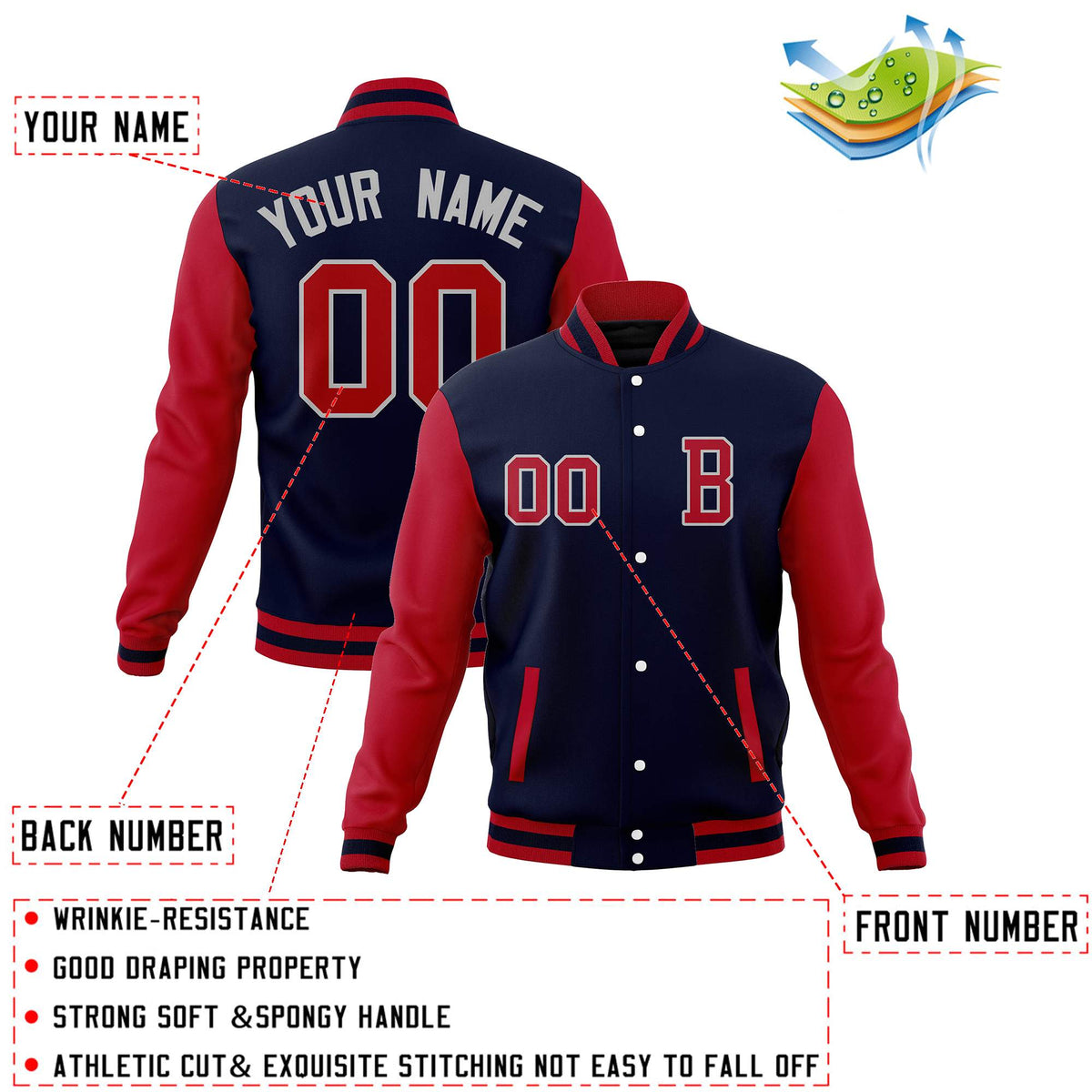 Custom Navy Red Varsity Letterman Jacket Personalized Full-Snap Stitched Baseball Coats