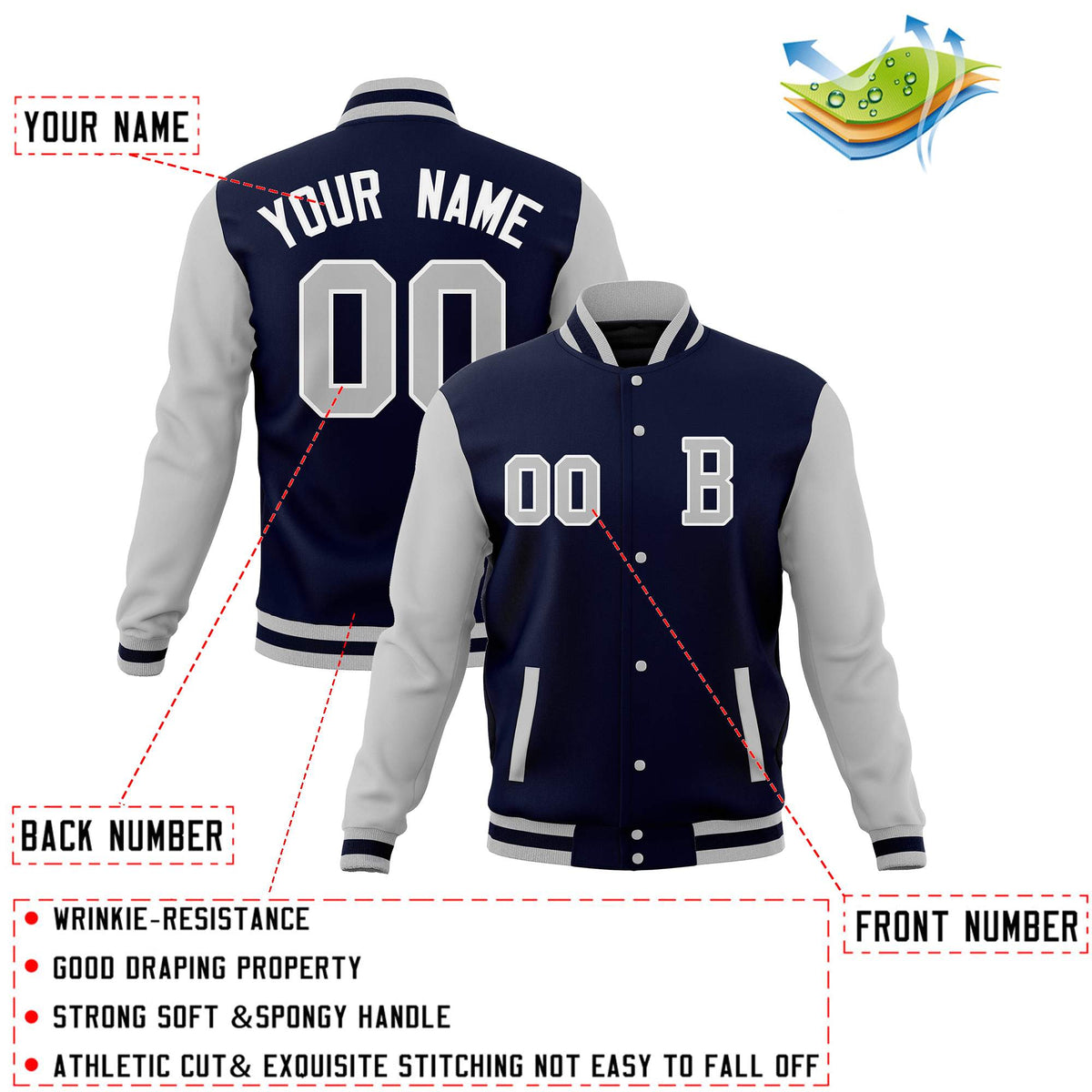 Custom Navy Gray Full-Snap Baseball Coats with Personalized Stitched Varsity Letterman Jacket