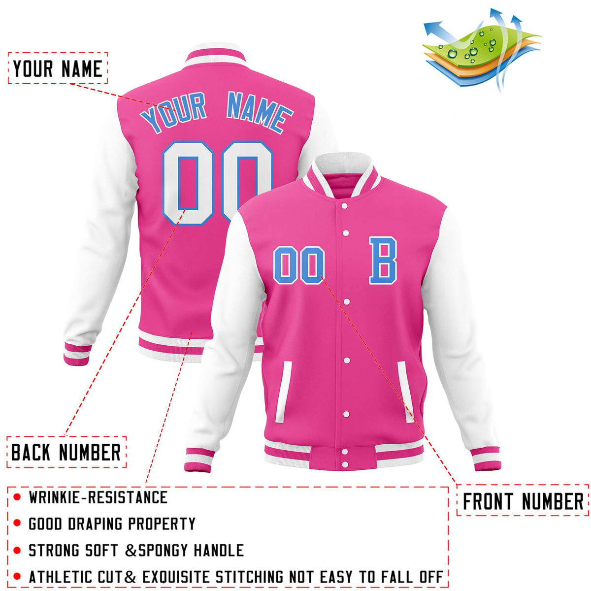 Custom Pink White Full-Snap Letterman Jackets Coats and Personalized Stitched Varsity