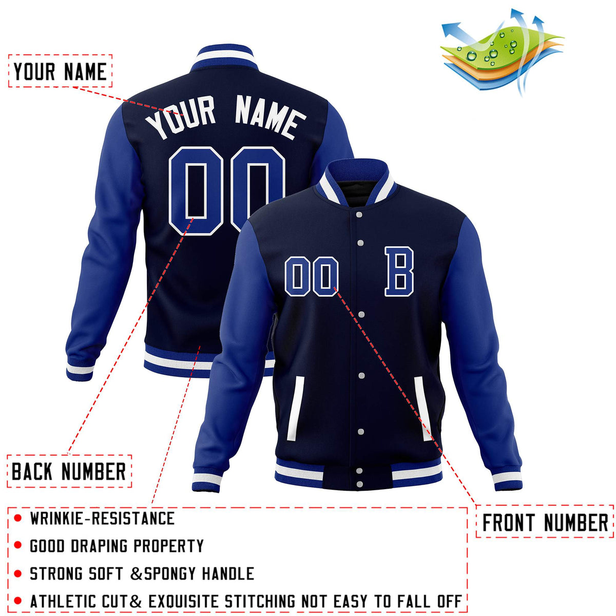 Custom Navy Royal Full-Snap Letterman Jackets Coats and Personalized Stitched Varsity