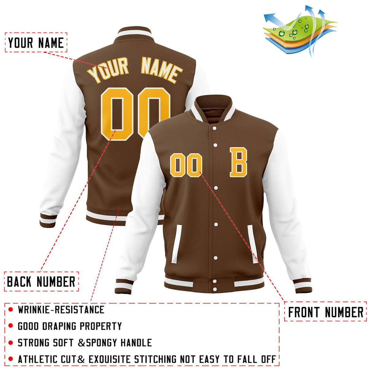 Custom Brown White Full-Snap Letterman Jackets Coats and Personalized Stitched Varsity