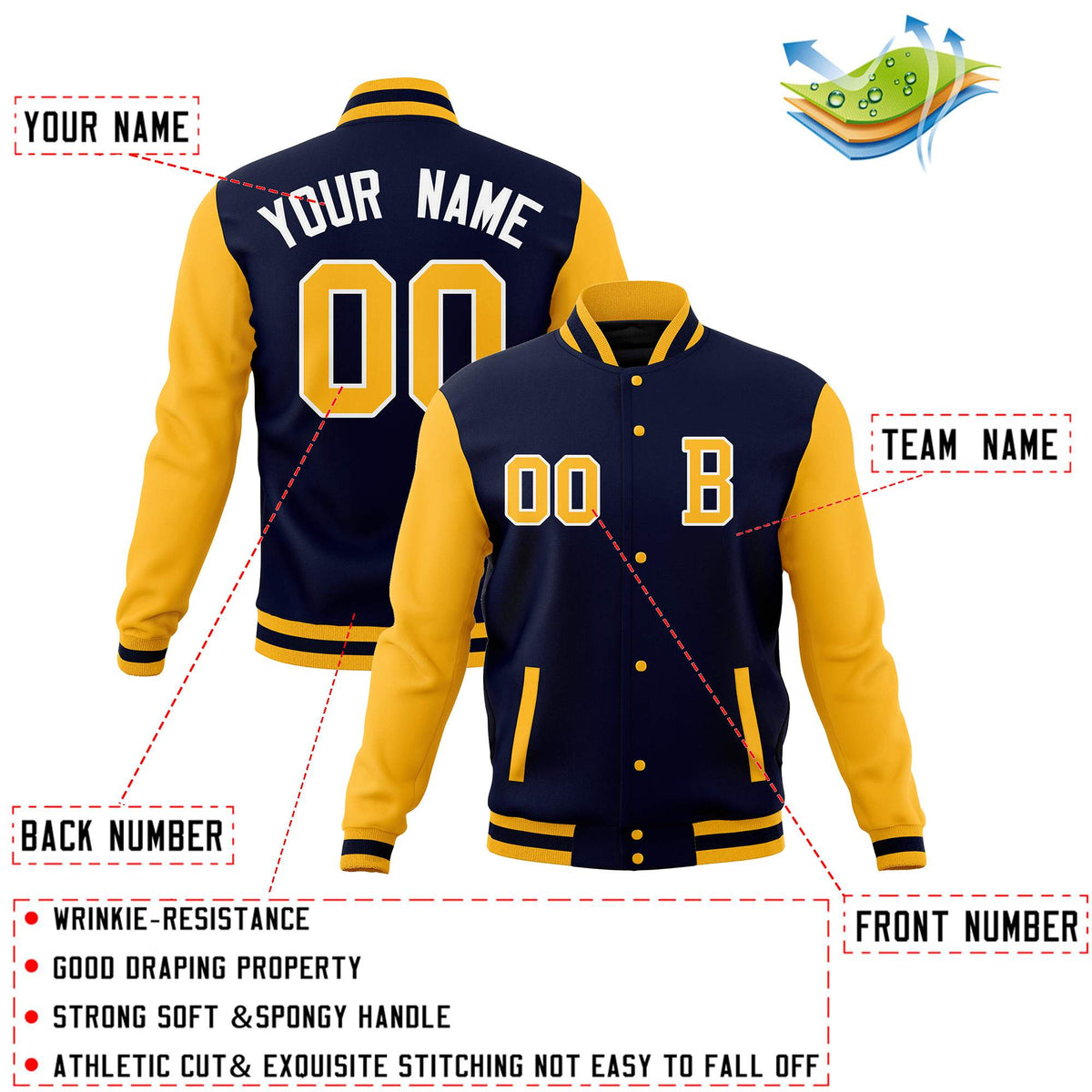 Custom Navy Gold Personalized Stitched Varsity Letterman Jacket and Full-Snap Baseball Coats