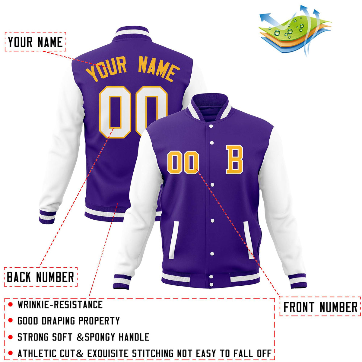 Custom Purple White Full-Snap Baseball Varsity Bomber Jackets with Personalized Coats