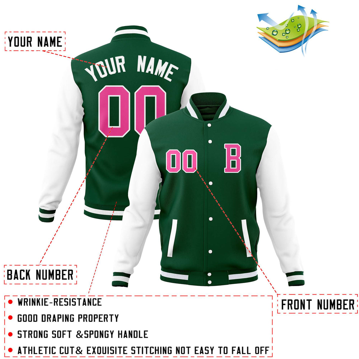 Custom Green White Full-Snap Letterman Jackets Coats and Personalized Stitched Varsity
