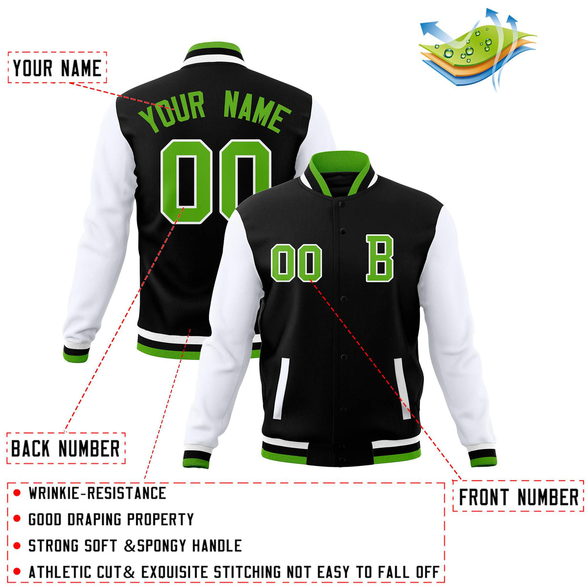 Custom Black White Personalized Stitched Varsity Letterman Jacket and Full-Snap Baseball Coats