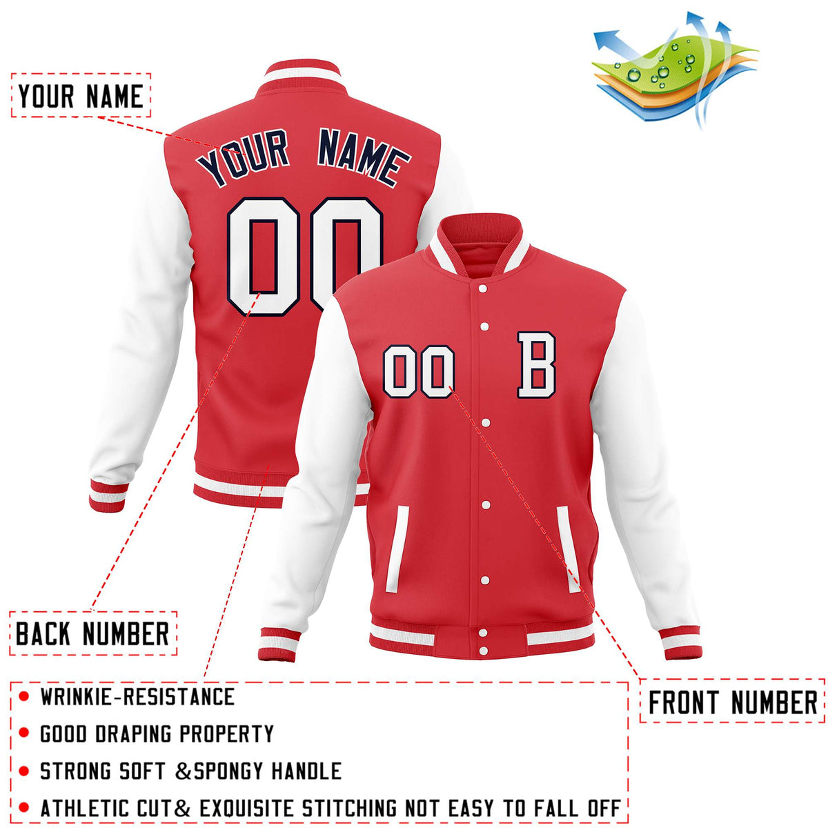 Custom Red White Letterman Jacket Personalized Full-Snap Stitched Name Number