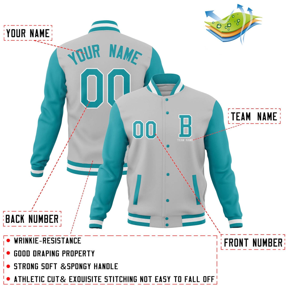 Custom Gray Aqua Full-Snap Baseball Coats,Crafted Varsity Letterman Jackets