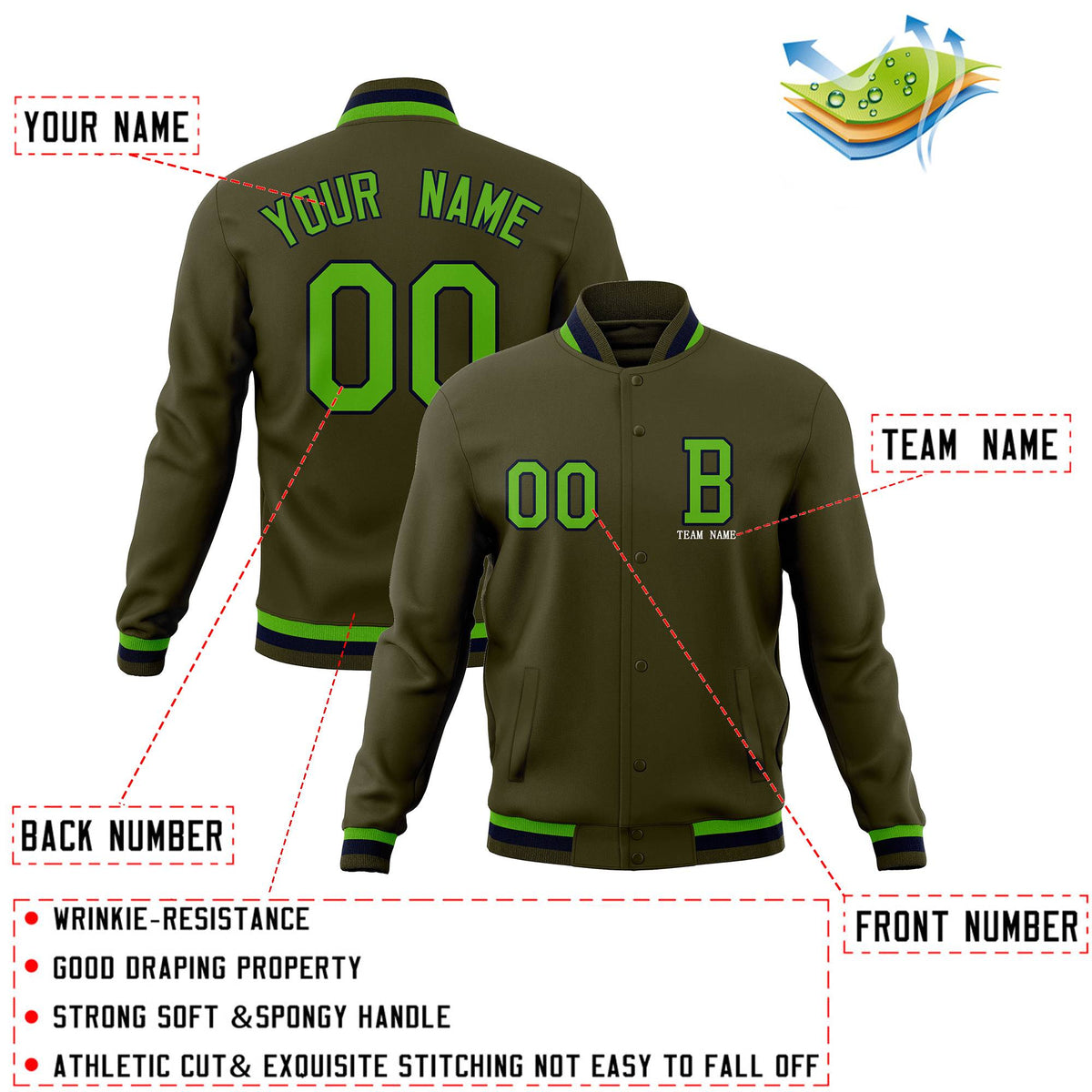 Custom Olive Green Personalized Stitched Varsity Jacket and Full-Snap Baseball Coats