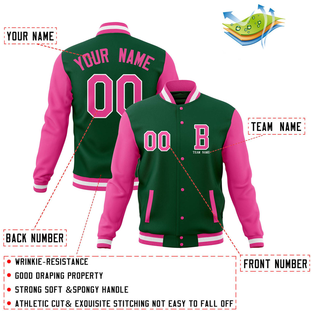 Custom Green Pink Varsity Letterman Jacket Personalized Stitched Bomber Baseball Coat