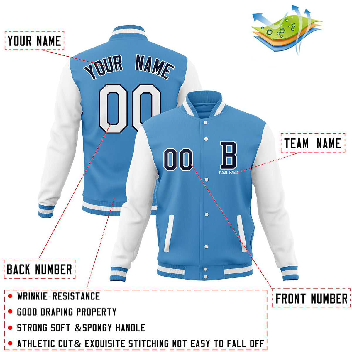 Custom Light Blue White Varsity Letterman Jacket Personalized Stitched Bomber Baseball Coat